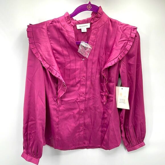Calligraphie high collar satin Victorian blush pink pleated yoke puff sleeve NEW - Picture 2 of 14